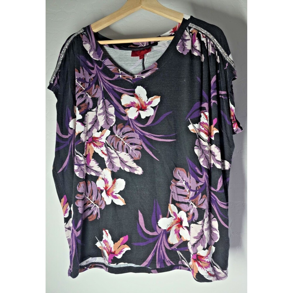 Jennifer Lopez Women's Black Floral Multi Silver Trim Sleeveless Size XL